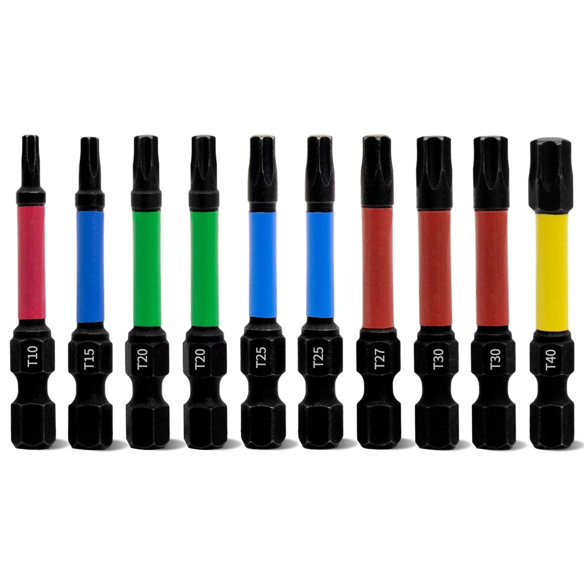 Meccion Torx Screwdriver Bit Set 10pcs 50mm Length Professional Star Magnetic Impact Driver Bits T10 T15 T20*2 T25*2 T27 T30*2 T40-1/4" Hex Shank