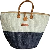 Balance Half Handwoven Economical Sisal Basket Tote Bag, Market Grocery Shopping Bags with Leather Strap Handles and Button Closure, Summer Beach Basket Handbag, Large Straw Shoulder Purse for Women