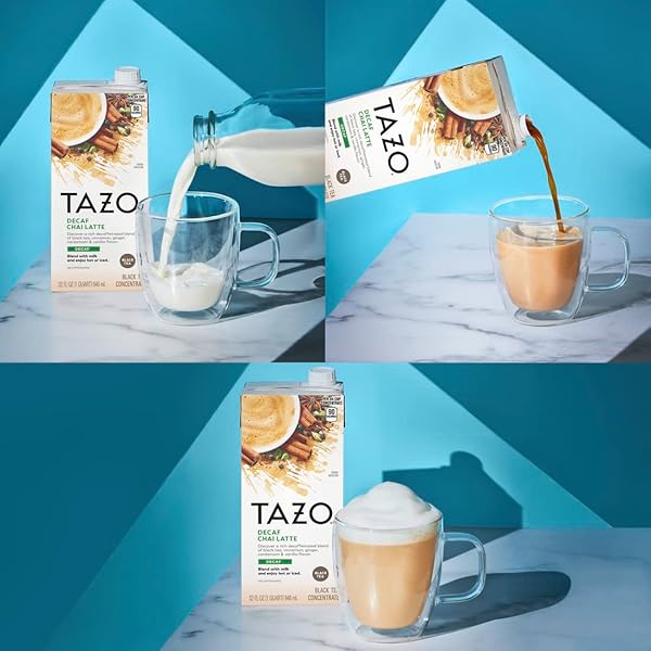 TAZO DECAF CHAI LATTE, BLACK TEA CONCENTRATE, EASY-TO-SERVE CHAI TEA FOR EVERYDAY LATTES, HOT OR ICED TEA AND MOCKTAILS, 32 OZ TEA MIX CARTON