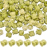 SOFPLATE 1 Box 100Pcs Carved Beads 3D Flower Beads Yellow Green Artificial Tulip Floral Small Two Tone Dyed Synthetic Coral Smooth Loose Spacers Findings for Jewelry Making Bracelet Necklace DIY Craft