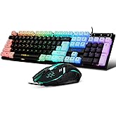 Gaming Keyboard Mouse Combo Rainbow LED Backlit Ambient Light Illuminated Character Wired USB Keyboard Mice Compatible with W