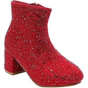 Forever Link Kids Girls Round Toe Rhinestone Embellished Block Heel Ankle Boots with Side Zipper