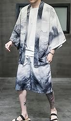 Ambcol Men's Japanese Style Kimono Tops Shorts Sets