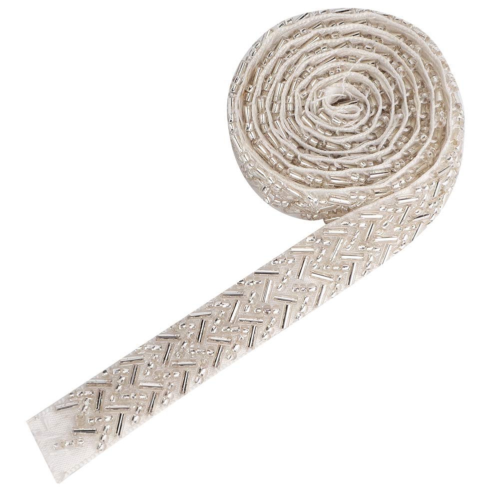 1 Yard Pearl Ribbon Tape, Pearl Rhinestone Chain Trim for DIY Wedding Sewing Bridal Bouquet, Cake Decorations, Party Dress (White Double Eight Tube Beads)