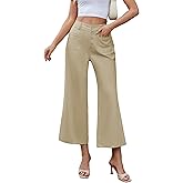 Famulily Womens Button Down Wide Leg High Elastic Waisted Capri Pants Casual Dressy Cropped Pants with Patch Pockets