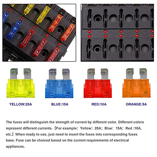 TechCode Fuse Block with LED Indicator, 10 Way Waterproof Blade Fuse Holder Box 5A 10A 15A 20A Automotive Fuses LED Indicator Protection Cover for Car ATO ATC Van Truck(10-Way) - Thumbnail 4