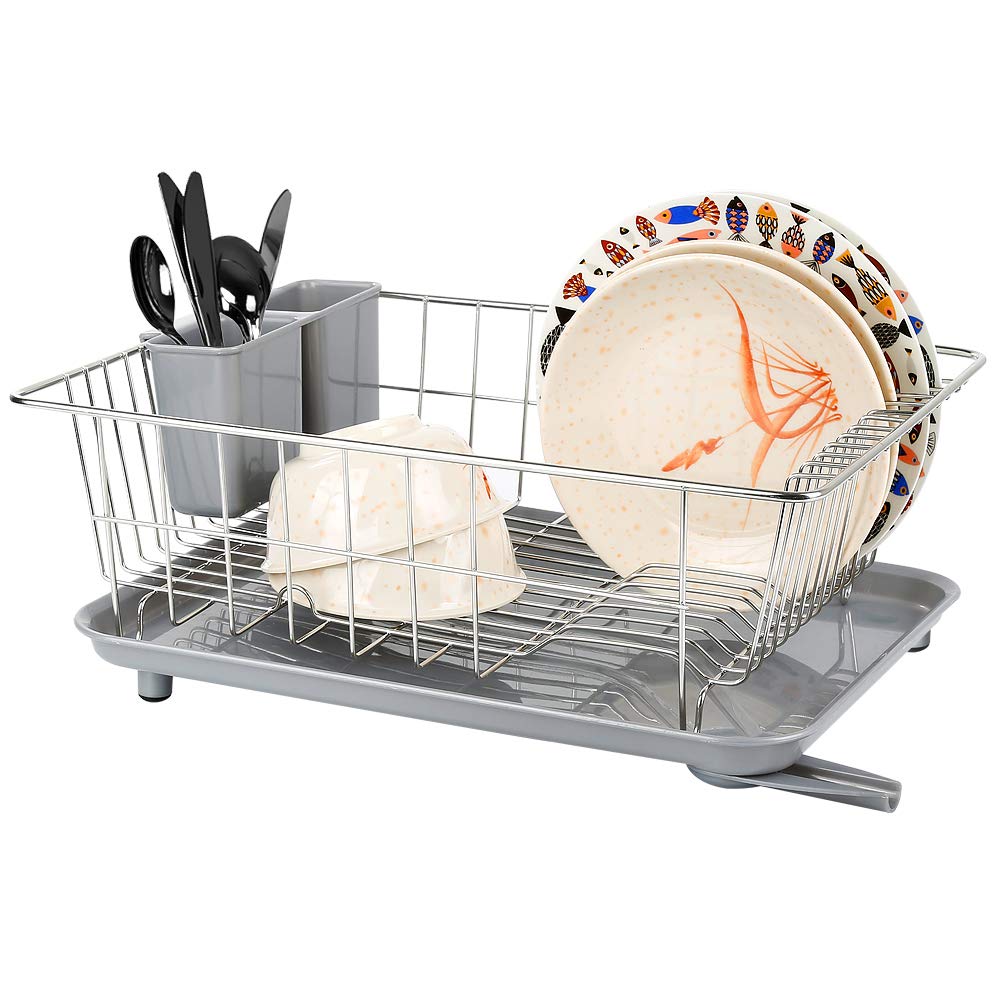Dish Drying Rack with Drain Board, Whitgo Stainless Steel Dish Drainer Drying Rack with Utensil Holder for Kitchen Counter, Dish drain rack with One Cleaning Cloth