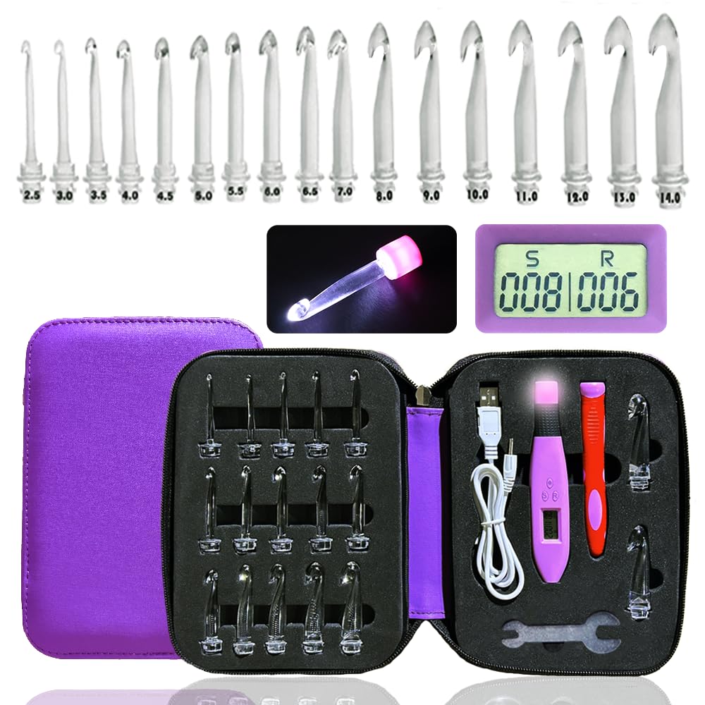 Knitiss Crochet Hooks Light up Crochet Hook Set, 17 Sizes Digital Crochet Hooks with Counter, Plasic Interchangeable Heads 2.50~14.0mm — image 1