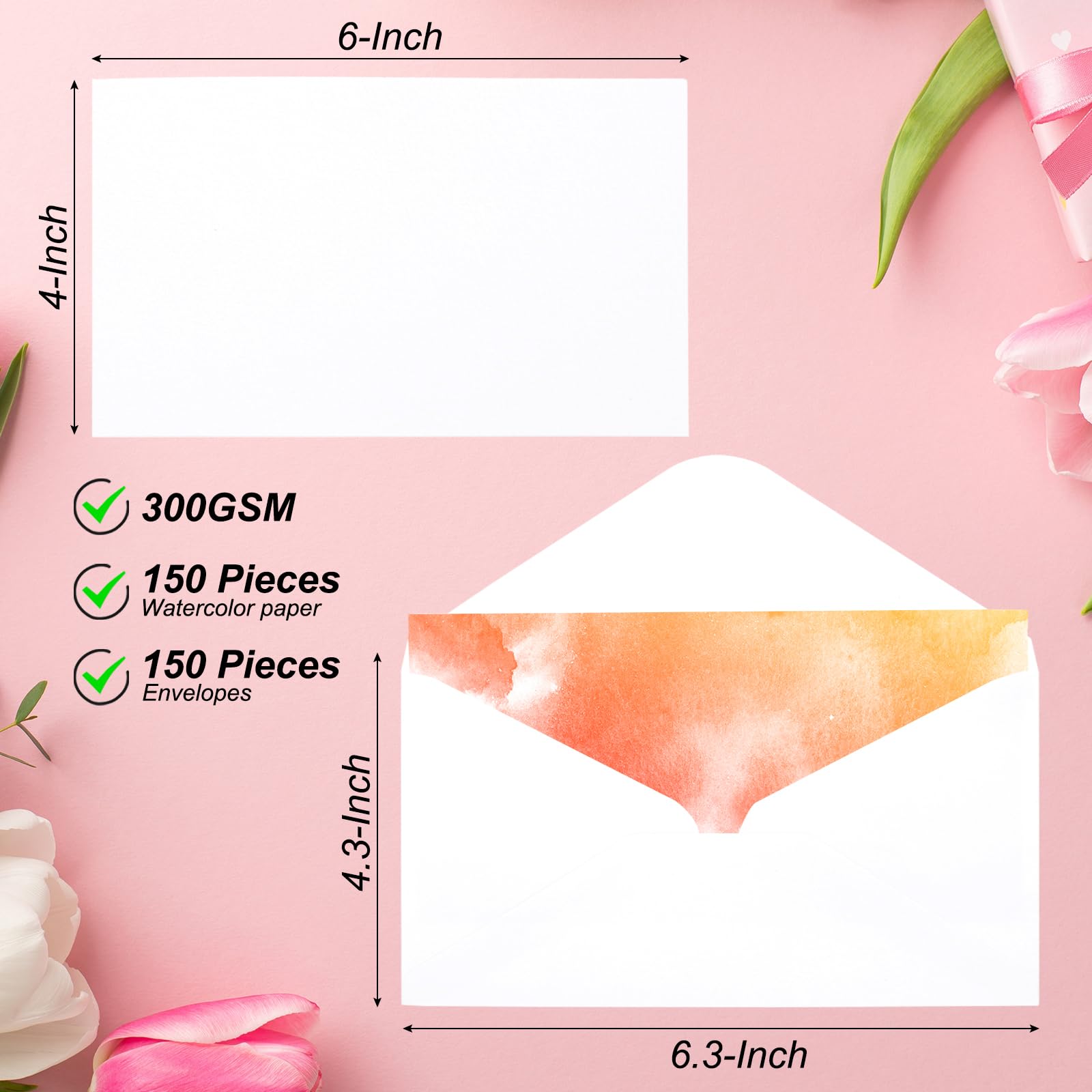 PATIKIL 50 Sets Pure Cotton Watercolor Cards 140lb/300 GSM Postcards with Envelopes for Art Painting Creative Thank Notes, 4x6 Inch