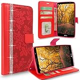 LG G4 Case, G4 Case, Cellularvilla [Stand Feature] Flower Texture Wallet Case [Diamond Jewel] Premium [Bling Luxury] Pu Leather Flip Cover [Card Slots] For LG G4 (Red Bling)