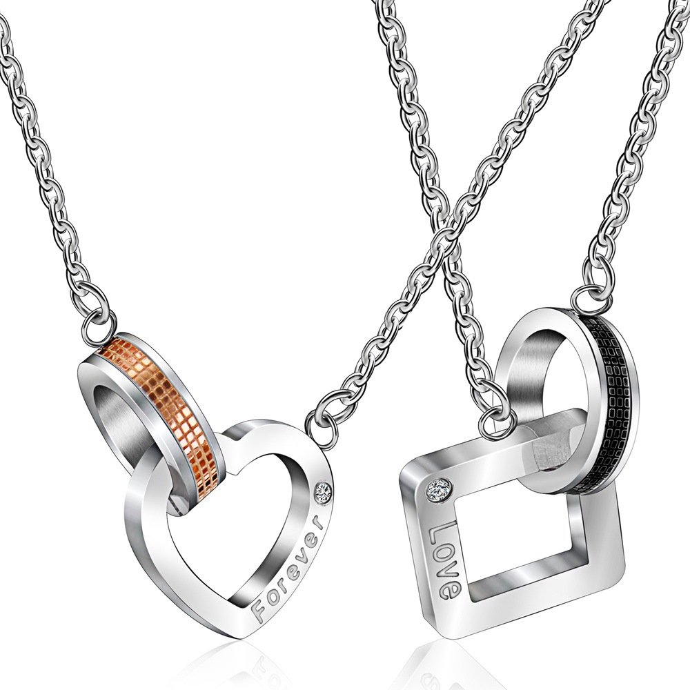 Uloveido Couples 2 Pieces His and Hers Heart & Square Titanium Love Forever Pendant Necklace Ring Necklaces Valentine's Gifts for Men and Women SN048 (Pairs Necklace)