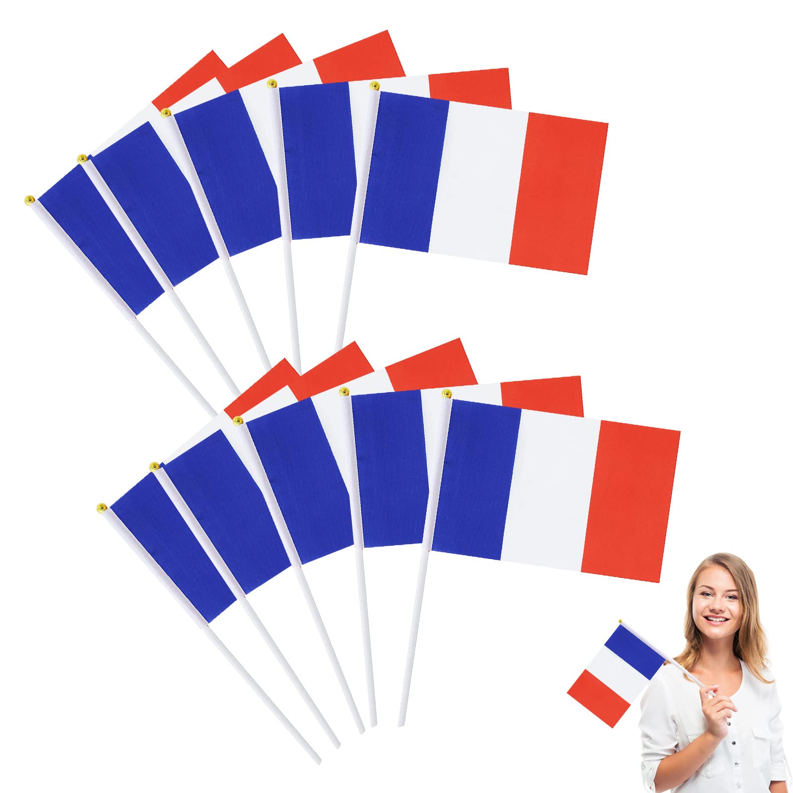 SEMINISMAR VFG587 Small French Flag, Small French Flag with Plastic Stick, Mini Handheld France Flag, French National Flag, World Cup Celebration, 14 x 21 cm, Pack of 10