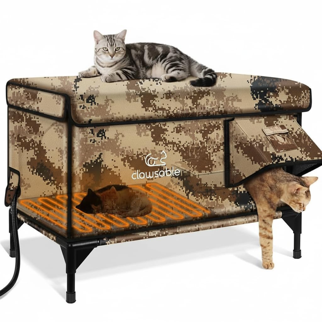 Photo 1 of ** UNCLEAN**Indestructible X-Large Heated Cat House for Outside Winter, 100% Waterproof, Safe Escape Door, Insulated Outdoor Cat Shelter with Heater for Feral Barn Cat Kitty (Desert Camouflage, 30"x17"x20")