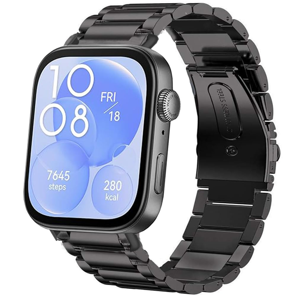 Blueshaweu Compatible for Hua wei Watch FIT 3 Bands, Quick Release Stainless Steel Metal Replacement Strap Bracelet Men & Women Compatible with Hua-wei Watch FIT 3 Smartwatch 1.82 inches (Black)