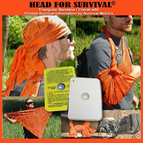 Head for Survival® Orange Triangular Bandana/Cravat with Survival Information with Rescue Flash Signal Mirror and Fresnel Lens for Fire Starting and Magnifing