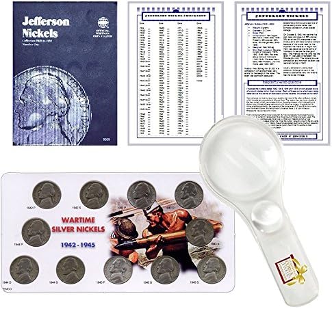 Jefferson Nickel Starter Collection Kit, Whitman [9009] Jefferson Nickel Folder Vol. 1, Complete Wartime Silver Nickel Set, Magnifier and Checklist, (4 Items) Great Start for Beginner Collectors