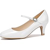 Women's Mary Jane Kitten Heel Pumps Round Closed Toe Mid Low Heels Office Work Shoes White Patent PU Leather Size US9.5 EU43