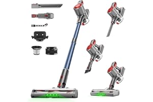 Honki Cordless Vacuum Cleaner for Home, Powerful Stick Vacuum with Rechargeable Battery, Green Light Anti-Tangle Brush, 6-in-1 Lightweight Handheld Vacuum for Pet Hair, Hard Floor, Carpet, Red