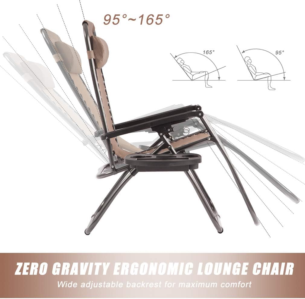Vnewone Zero Gravity Chair Set of 2 Patio Folding Anti Reclining Lounge Deck Foldable Yard with Pillow and Cup Holder, Tan: Kitchen & Dining