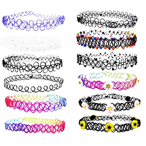 Zivyes 8-12pcs Womens Rubber Necklace Chain Double Line Tattoo Choker Necklace Stretch Elastic Set for Teen 80s 90s (A -12 PCS)