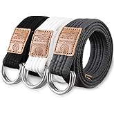 Hantier 3 Pack Canvas Web Belts 1.25" Wide Double D-ring Buckle for Men, Adjustable Solid Color Military Style (Black + White + Blue gray)