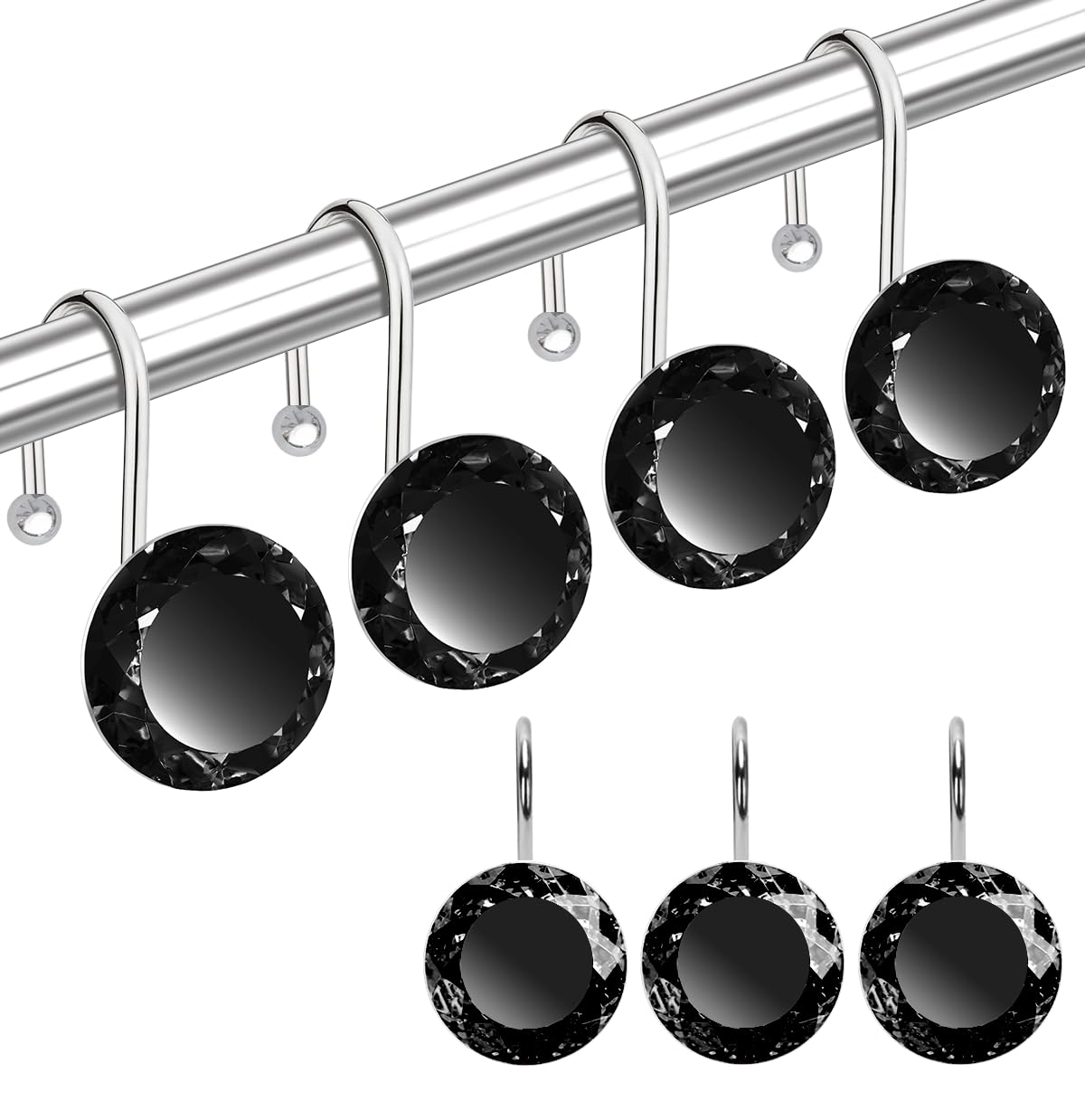 24PCS Shower Curtain Hooks Rings for Bathroom, Stainless Steel Rust Resistant Decorative Rhinestones Shower Curtain Rings Hangers for Shower Curtains, Clothing, Towels, etc. (Black)