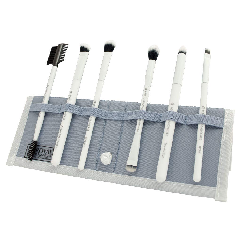 MODA Royal & Langnickel Travel Size Beautiful Eyes 7pc Makeup Brush Set with Pouch, Includes - Angle Shader, Crease Smudger, Eye Shader, Smoky Eye, Brow Liner and Lash Comb Brushes, White