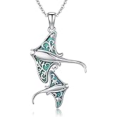 SOESON Sterling Silver Stingray Pendant Necklace with Blue Opal Inlay, Double Manta Ray Ocean Design, Ocean Animal Jewelry Pendant Gift for Women 18+2 Inch Adjustable Chain, 26x18mm