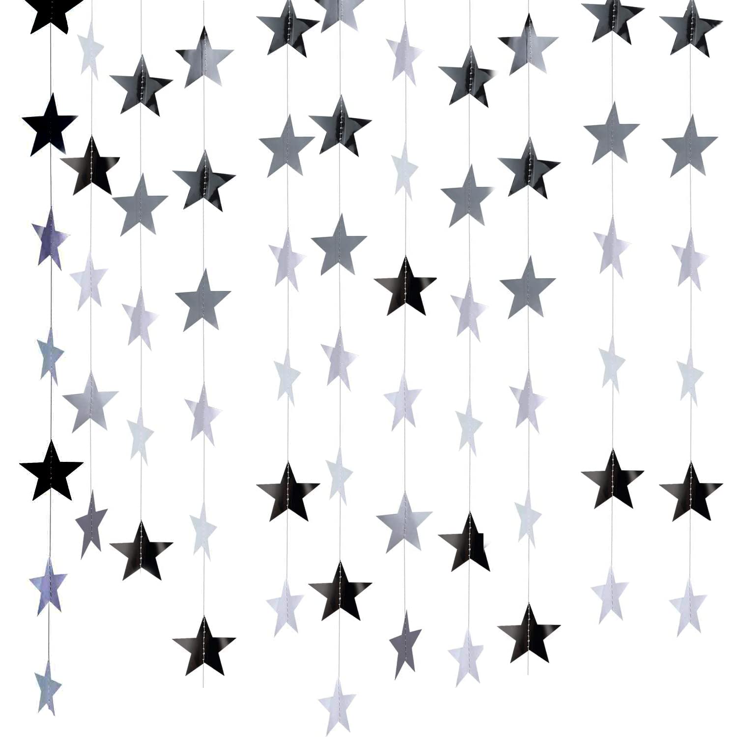 NITAIUN 65 Feet Reflective Star Paper Garland Sparkling Star Bunting Banner for Birthday Holiday Wedding Anniversary Theme Party Supplies and Home Deco, Reflective Banner Backdrop, 2.76Inches(Silver)