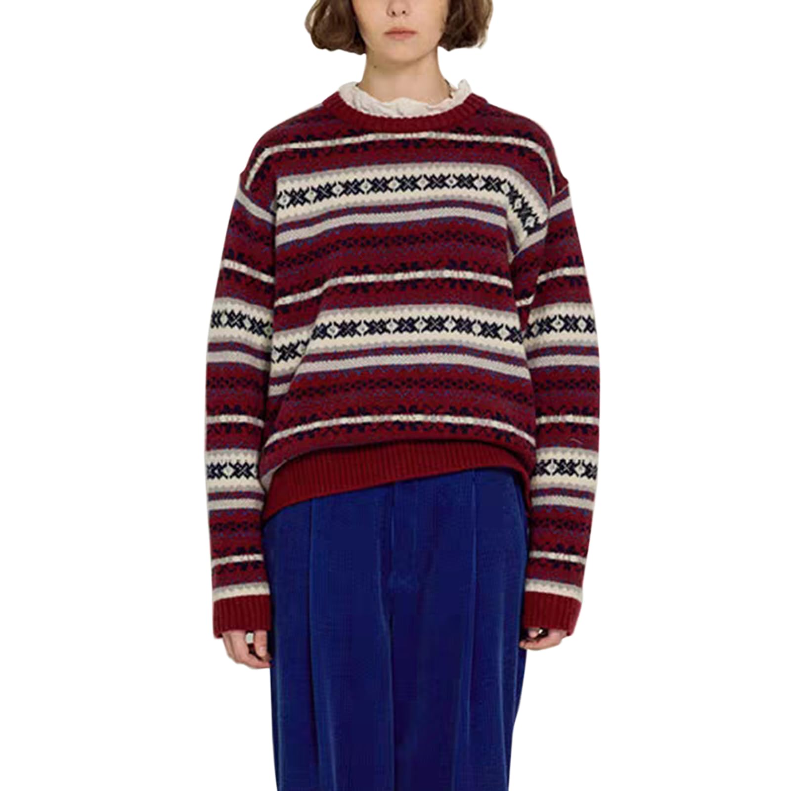 Women Y2K Argyle Striped Pullover Sweater Casual