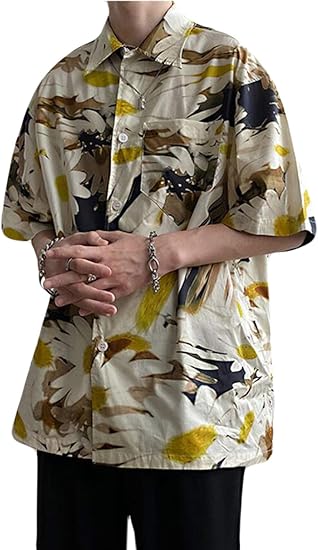 Amazon Alppvシャツ メンズ オーバーサイズ パフスリーブ 折り襟 プリント 体型バカー トップス シャツ ブラウス 花柄 ポケット付き 夏 レトロ カラフル ゆったり ファッション デート 旅行 シャツ 通販