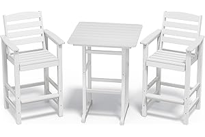 SERWALL Balcony Adirondack Chairs and Table 3 Pieces Set, Adirondack Bar Height Chairs Set of 2 and Bar Table, Outdoor Bar Stools Set, White
