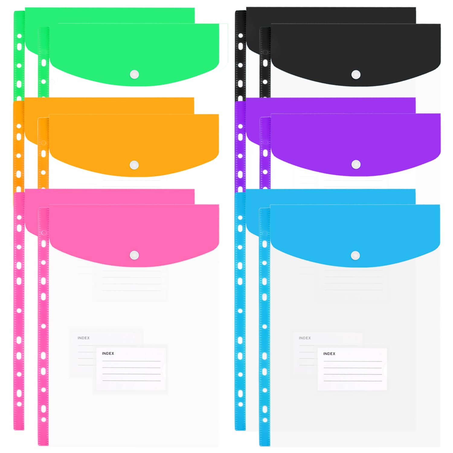 Plastic Wallets A4 Punched Pockets – 12PCS Expandable A4 Folders Document Files Popper Wallets with Button Closure and Label Pocket for Home, Office and School Files, Assorted Colours