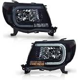 PIT66 LED Front Headlights Assembly Fit 2005-2011 Toyota Tacoma | Smoky Lens Black Housing Clear Reflector, faros delanteros Driver and Passenger Side Headlamp 8115004173, TO2503181