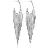 WASAIE Boho Linear Tassel Drop Dangling Earrings For Women,Long Formal Country Bohemian Fringe Chain Chandelier Prom Statement Trendy Earrings For Party Prom