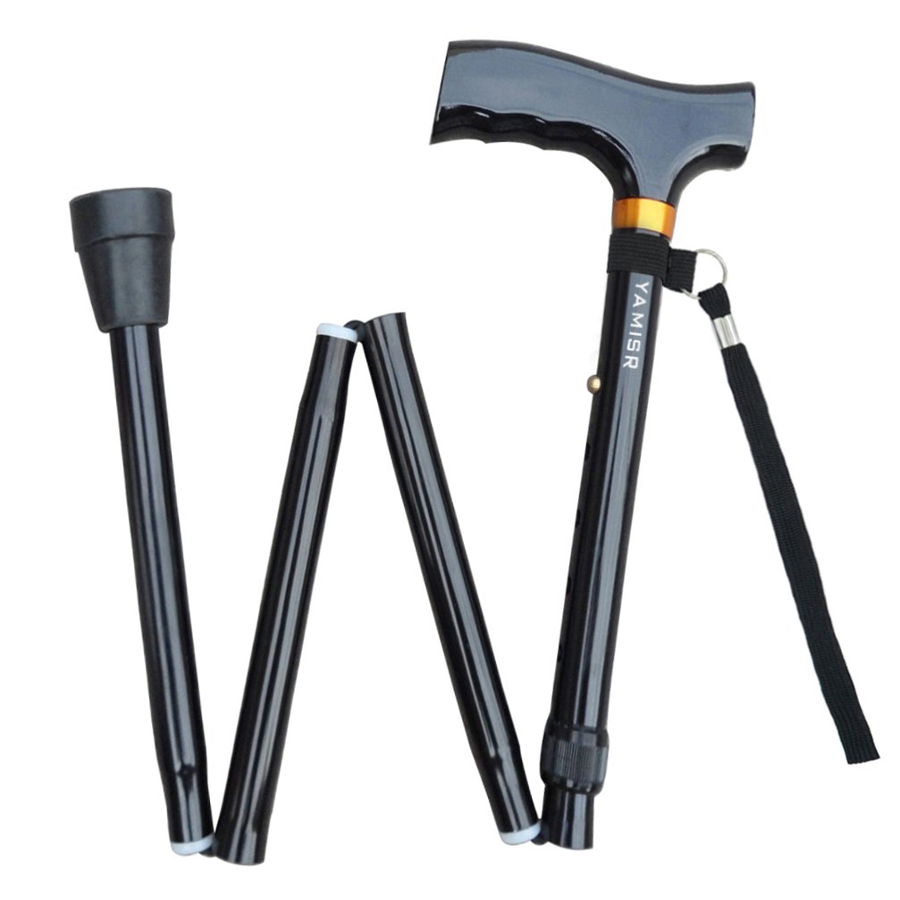 Folding Cane with Carrying Bag - Walking Cane Stick for Men & Women Adjustable ,Collapsible, Lightweight, Portable & Comfortable Handles by YAMISR (Black)