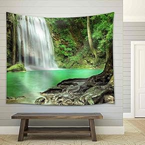 Erawan Waterfall in Kanchanaburi, Thailand - Fabric Wall Tapestry Home Decor - 51x60 inches