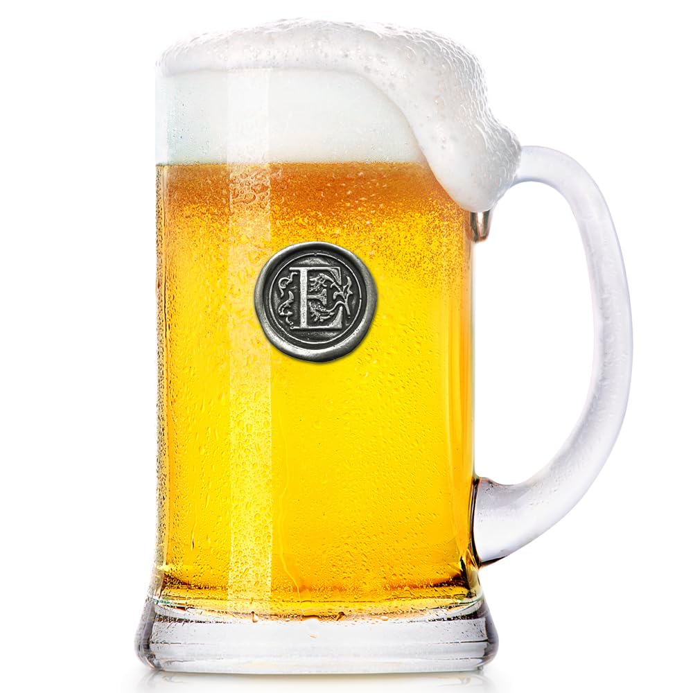 English Pewter Company 1 Pint Monogram Initial Beer Mug Glass Tankard - Personalized with Your Choice of Initial (E) [MON005]
