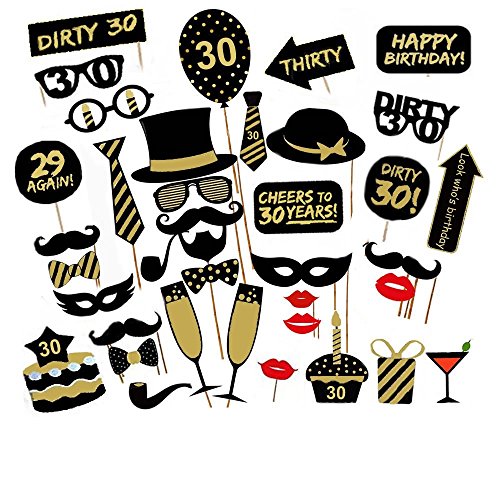 Losuya 30th Birthday Party Photo Booth Props 36pcs DIY Set Funny Photobooth Prop for Unisex 30th Birthday Celebration