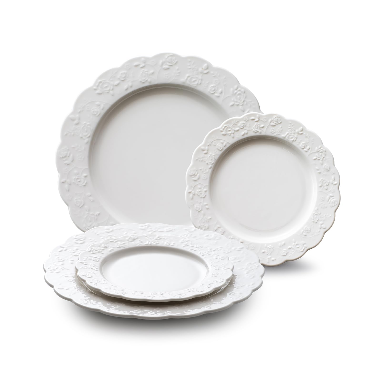 Photo 1 of 4 Piece Rose Embossed Porcelain Round Plate Set, 2x10 Inch Dinner Plates & 2x 7.3 Inch Salad Plates, White Scalloped Edge Dishware, Microwave,Dishes Set for Breakfast,Party, Kitchen, Housewarming Gift