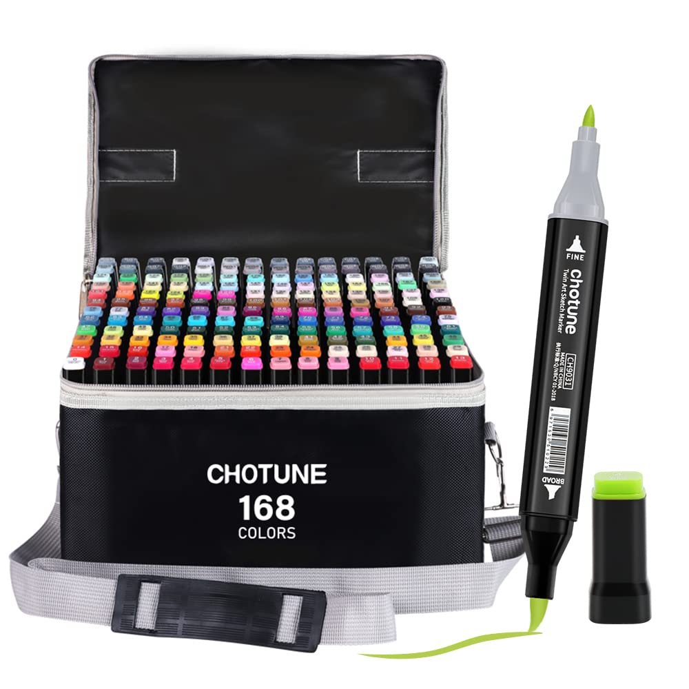 CHOTUNE Alcohol Markers Set, 168 Colors Soft Tip Permanent Marker Pen, Quick Drying, Easy Mix for Sketching and Illustration with Black Handbag and Base