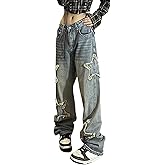 AULKEEP Womens Star Print Gradient Jeans Loose Ripped Graphic Pants Punk High Waist Bottom Jeans with Pocket