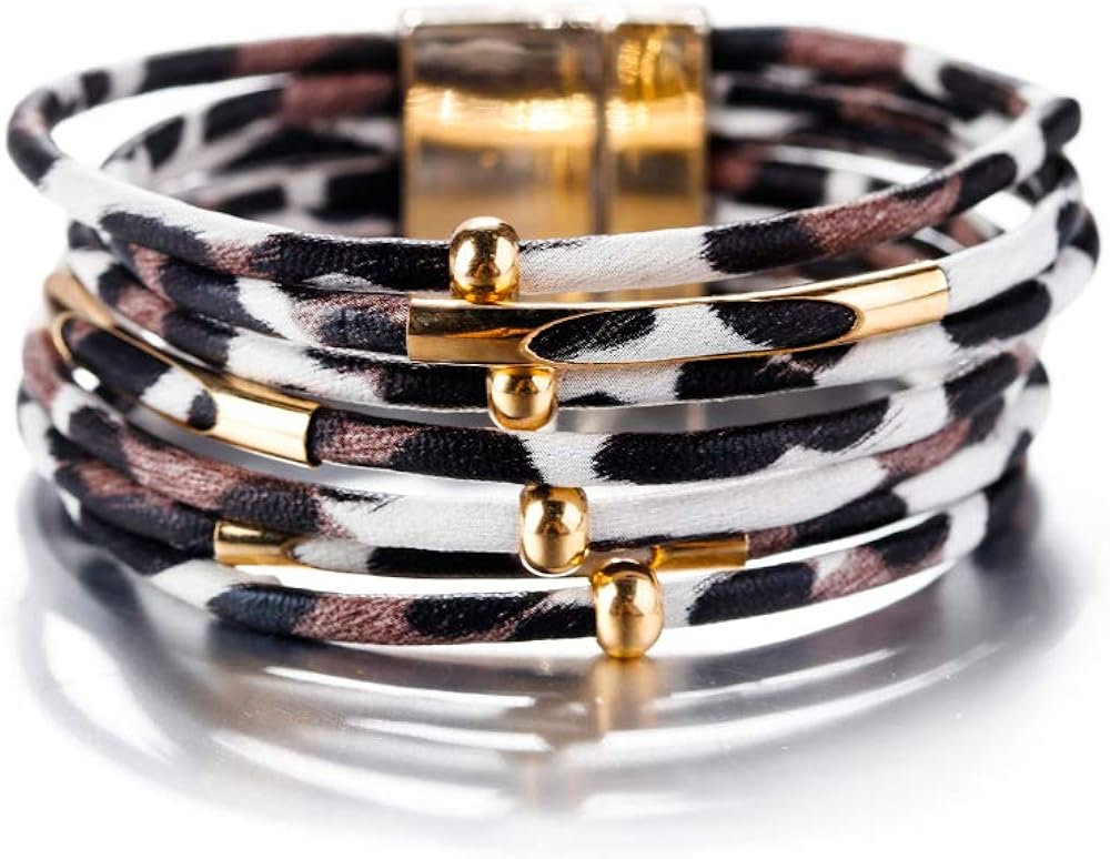 Fesciory Leather Wrap Bracelet for Women, Leopard Multi-Layer Magnetic Buckle Cuff Bracelet Jewelry: Clothing