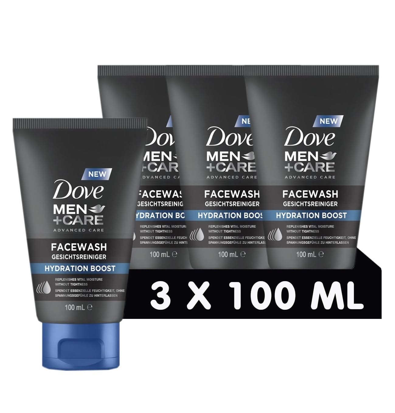 DOVE MEN + CARE Facewash Hydration Boost - Facial Cleanser - Provides Essential Moisture Without Leaving Feelings of Tension, 3 x 100 ml
