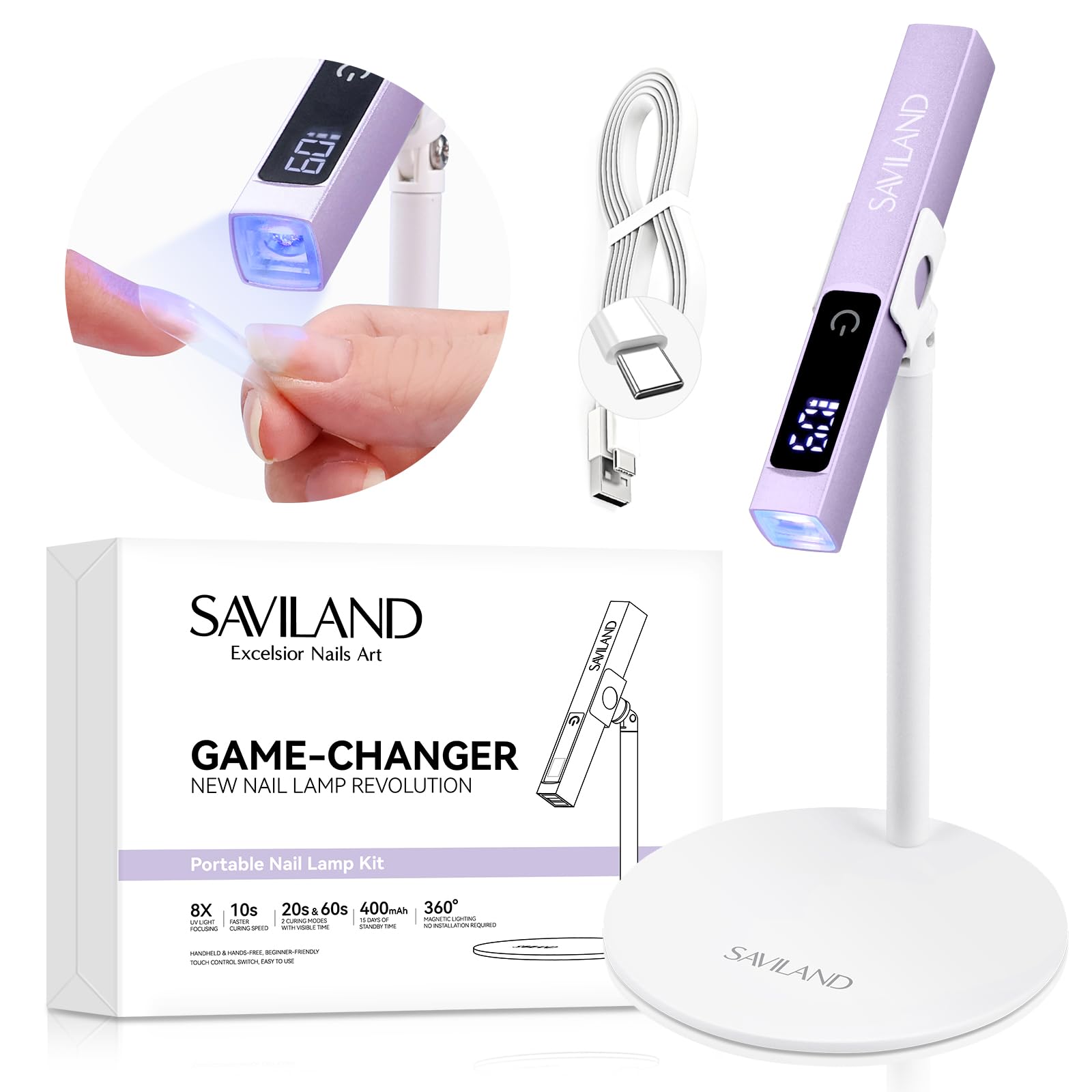SAVILAND Handheld U V Light for Gel Nails: 10S Flash Cure Mini Nail Light with Stand Portable LED Nail Lamp Nail Dryer Cordless Rechargeable Lamp Home DIY Manicure Purple