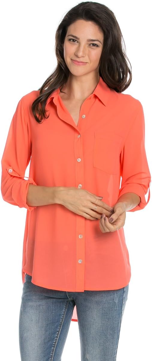 Women's Solid Long Sleeve Button Up Chiffon Blouse Shirt Tops Neon Coral RON1029