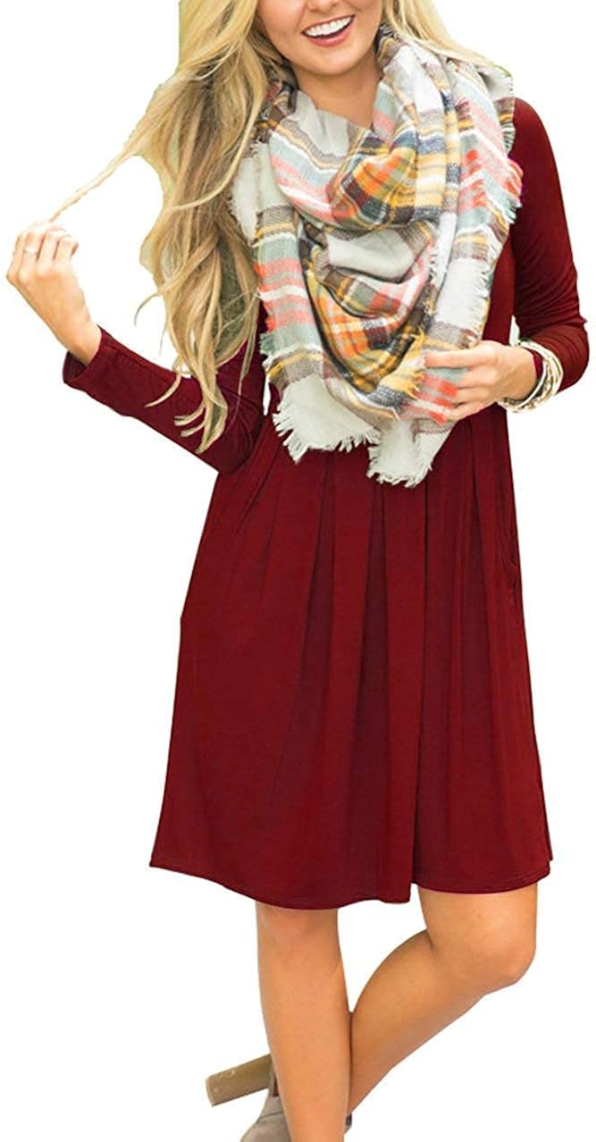 AUSELILY Women's Long Sleeve Pleated Loose Swing Casual Dress with Pockets Knee Length at  Women’s Clothing store