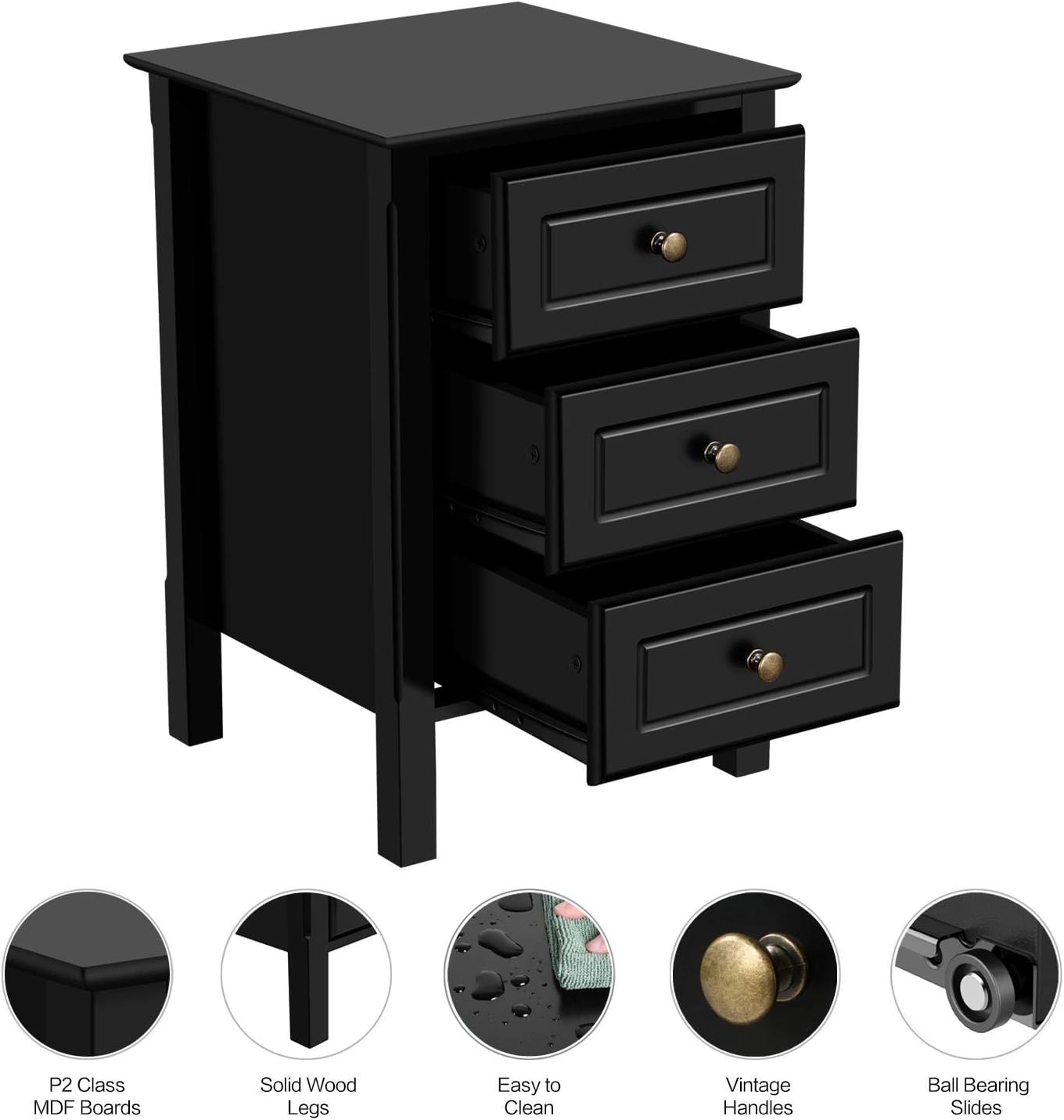 YAHEETECH Wood 3-Drawer Nightstand with Solid Pine Wood Legs Bedroom Furniture, Black: Furniture & Decor