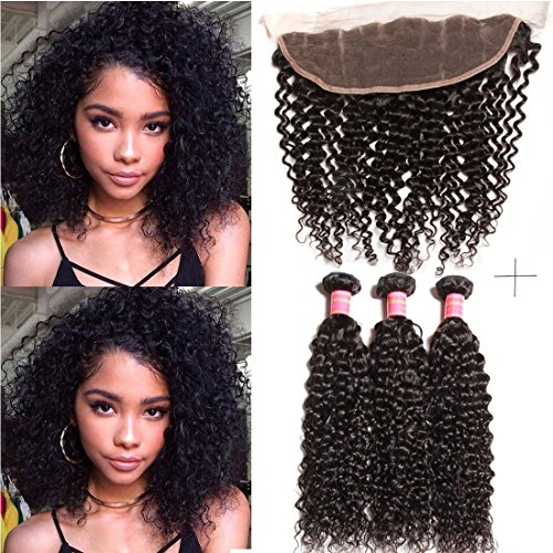 Ali Julia Hair Brazilian Curly Hair 3 Bundles with 13x4 Frontal Lace Clsoure Virgin 100% 7A Unprocessed Human Hair Extensions Natural Color (10 12 14+10 inch)