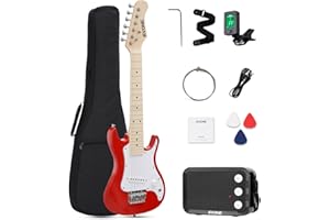 RVONE Kids Electric Guitar Beginner Kit 30 Inch, Mini ST Style Electric Guitar for Boys Girls with Amp 5W, Gig Bag, Tuner, Strap, Cable, Picks, Extra Strings, RST-70 Red